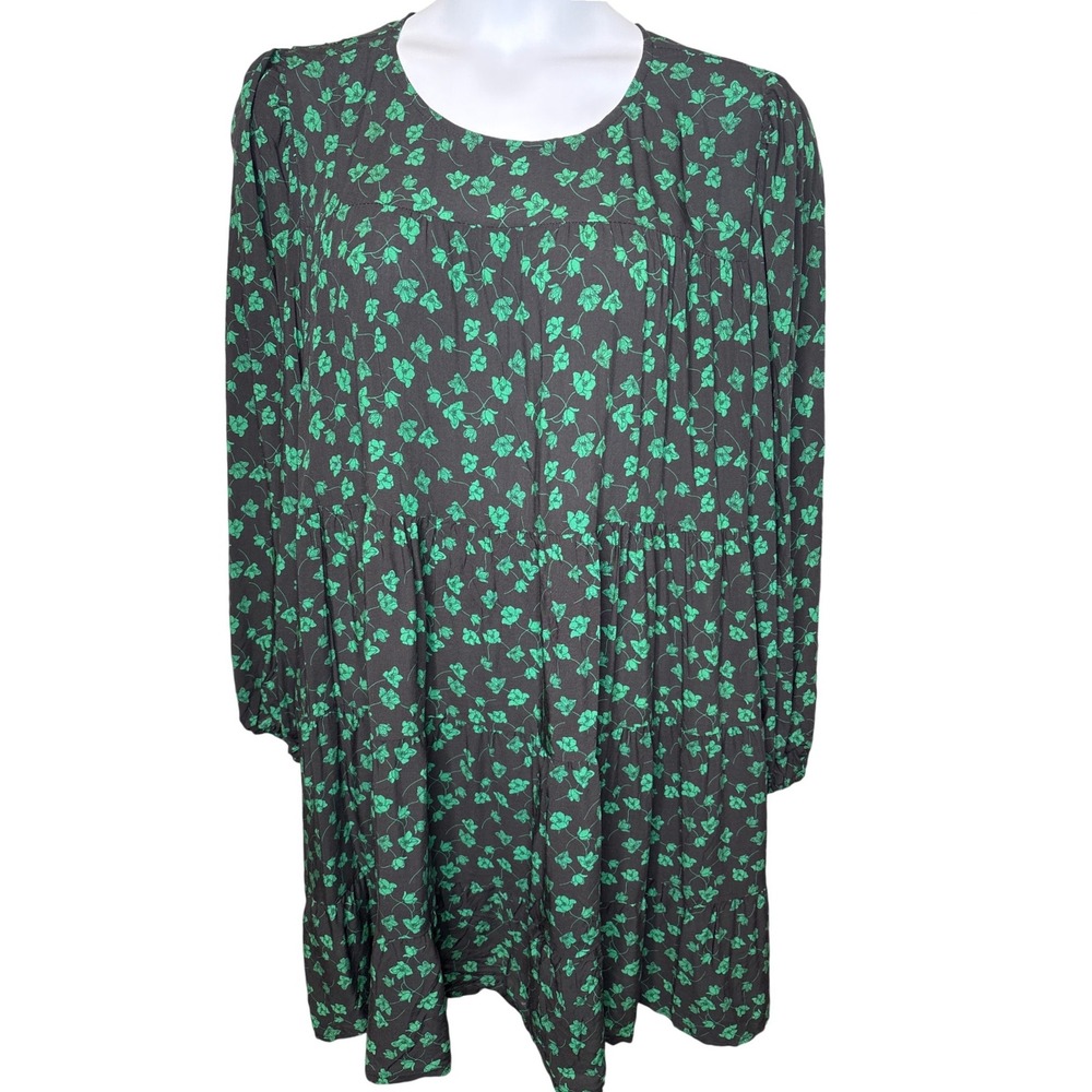 NWT ELOQUII Womens Black Green Floral Tiered Babydoll Mini Dress Sz 20 Boho Chic